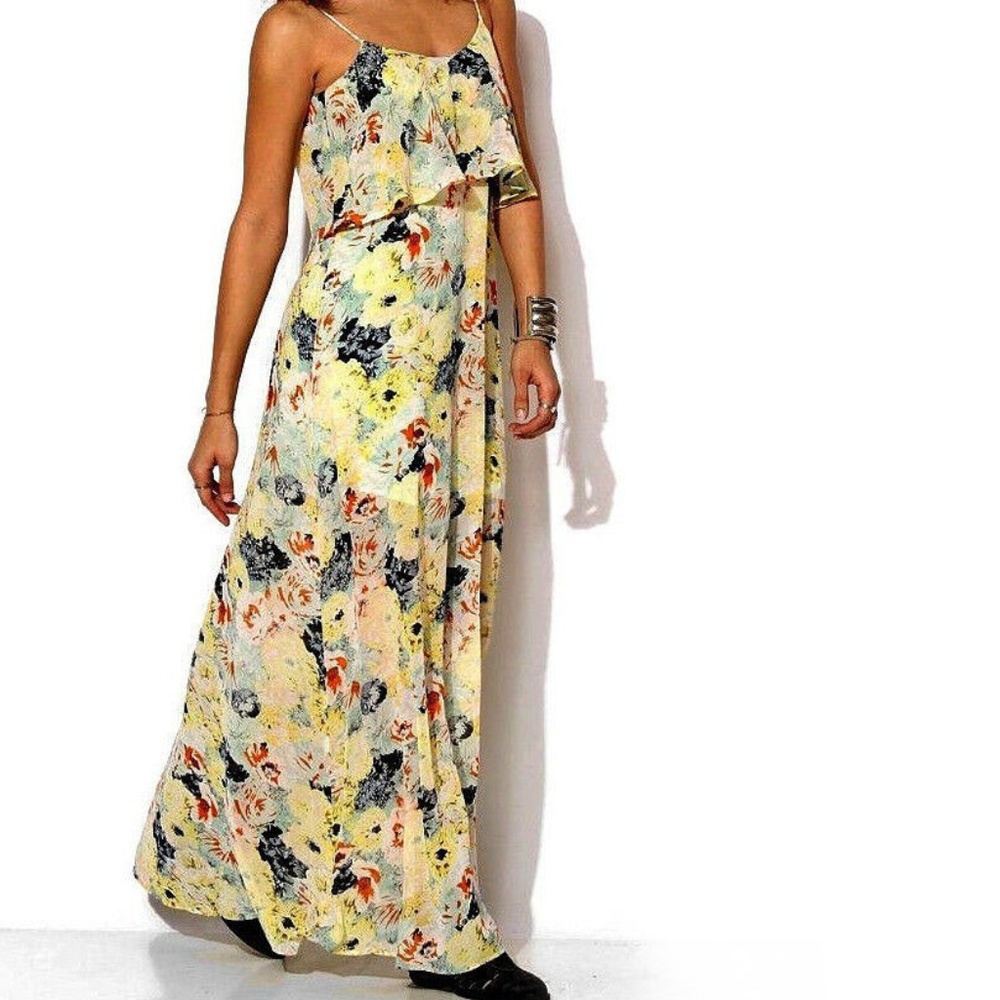 UO Love Sadie Floral Watercolor CHIFFON MaXi DRESS